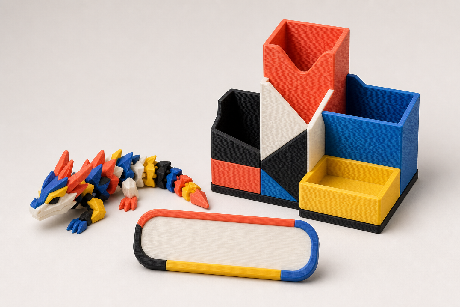 Multicolor 3D printed products ready for fulfillment